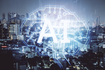 Creative night city with AI brain interface