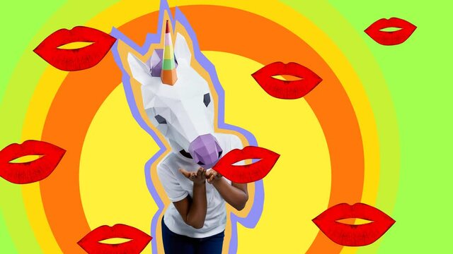 Female model with 3d unicorn on head.