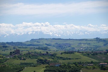 View of the Langhe hills with the Castle of Grinzane Cavour