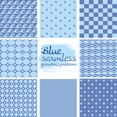 Set of blue seamless geometric patterns on white 3