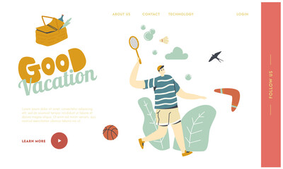 Summertime Holidays Relax Landing Page Template. Man Playing Badminton on Picnic. Outdoor Activity, Summer Time Vacation and Spare Time. Happy Male Character Recreation. Linear Vector Illustration