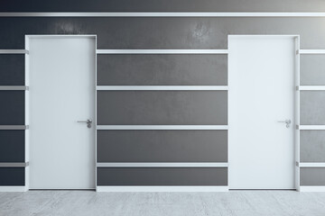 Minimalistic office corridor with two white doors.
