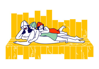 Happy Family of Mother with Kids in Towels Spend Time in Sauna Relaxing and Applying Hygiene Procedures. .Characters Bathing, Children Lying on Mom Back at Shelf. Linear People Vector Illustration