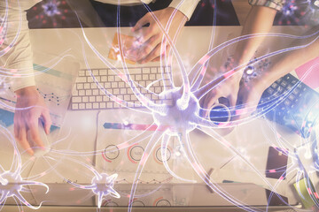 Double exposure of man and woman working together and neuron hologram drawing. Computer background....