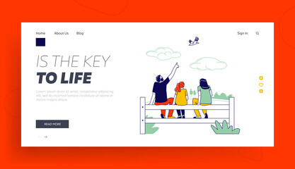 Obraz na płótnie Canvas Parents with Kid Sparetime Landing Page Template. Happy Family Characters Mother, Father and Daughter Sit on Fence Rear View on Nature Looking on Birds Flying in Sky. Linear People Vector Illustration