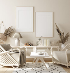Fototapeta na wymiar Mock up frame in home interior background, beige room with natural wooden furniture, 3d render