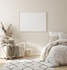 Mock up frame in bedroom interior background, beige room with natural wooden furniture, 3d render