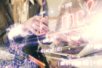 Double exposure of man and woman working together and math formulas hologram drawing. Education concept. Computer background.