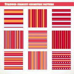 Set of stripped seamless geometric pattern in red, pink, orange and white colors