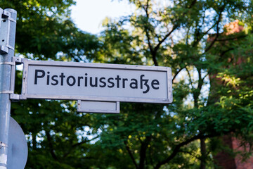Low angle view of street sign in Weissensee, East Berlin, Germany