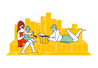 Happy Family with Kid Spend Time in Sauna Relaxing and Applying Hygiene Procedures. Mother, Father and Little Baby Characters Sit on Shelf with Scoop and Wood Basin. Linear People Vector Illustration