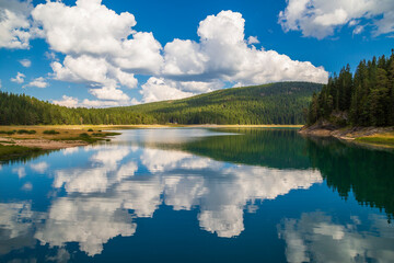 Fototapeta na wymiar Lake in the mountains with blue sky and clouds. black lake in Montenegro.