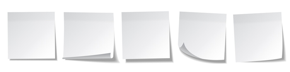 Realistic blank sticky notes isolated on white background. White sheets of note papers. Paper reminder. Vector illustration.