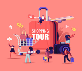 Shopping Tour Concept. Tiny Male Female Characters with Bags and Trolleys around of Huge Suitcase, Photo Camera and Flying Airplane. Travelers and Tourist Shoppers. Cartoon People Vector Illustration