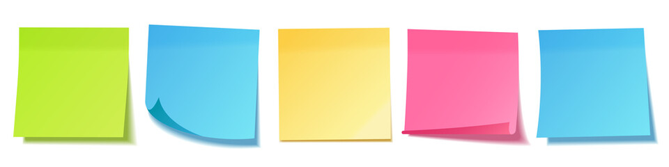 Realistic blank sticky notes isolated on white background. Colorful sheets of note papers. Paper reminder. Vector illustration.