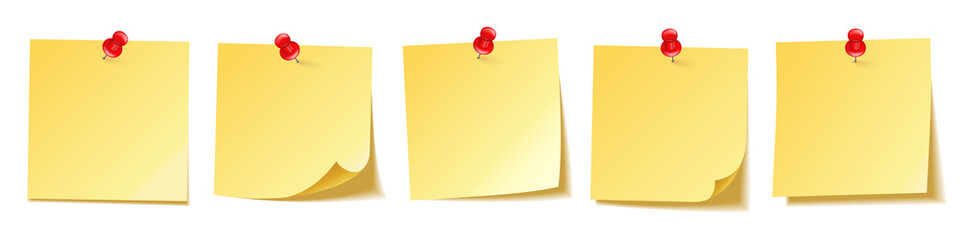 Realistic blank sticky notes isolated on white background. Yellow sheets of note papers with push pin. Paper reminder. Vector illustration. © 32 pixels