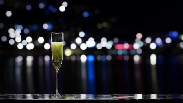 A glass of sparkling wine placed on a marble table over a night view. 3D rendering.