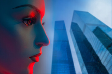 Woman's face near skyscrapers. Skyscrapers as a symbol of prestigious work. The girl dreams of a prestigious job. Downtown. Concept - a woman goes up the career ladder. Face close up. Dummy