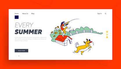 Obraz na płótnie Canvas Joy Fun Battle Landing Page Template. Happy Girl Playing and Shooting with Water Gun in Hot Summer. Child Character Stand on Doghouse Splashing Water with Happy Pet Jumping. Linear Vector Illustration
