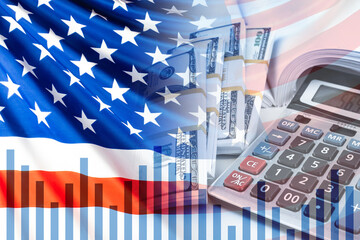 US financial market. United States flag next to a calculator. Packs of dollars. &Ntilde;alculator. Concept - doing business in USA. Concept - allocation of money for business in America. Graph shows losses