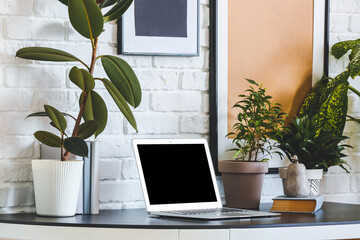 Comfortable workplace with modern laptop and houseplants near white brick wall