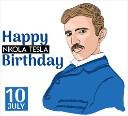 Nikola Tesla cartoon vector illustration portrait happy birthday 10 july 