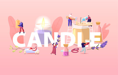 People Making and Use Candles at Home Concept. Characters with Various Ingredients Candle Wicks, Glass Jar, Wax, Herbs and Aroma Oil. Handmade Hobby Poster Banner Flyer. Cartoon Vector Illustration