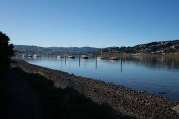 Fototapeta na wymiar View of yachts and boats reflecting in the water docked in Porirua near Wellington New Zealand on a calm sunny day