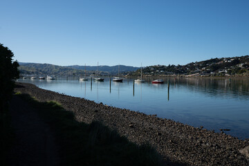 View of yachts and boats reflecting in the water docked in Porirua near Wellington New Zealand on a calm sunny day