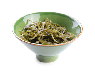Bowl with tasty seaweed on white background
