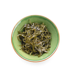 Bowl with tasty seaweed on white background