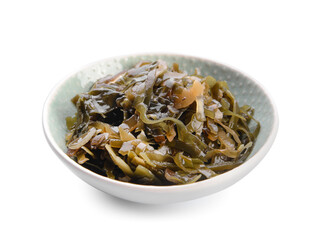 Bowl with tasty seaweed on white background