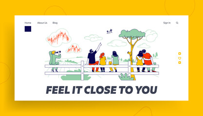 Obraz na płótnie Canvas People Sit on Fence Rear View Landing Page Template. Happy Family Looking on Bird, Loving Couple Embracing, Businessman Character Look in Binoculars on Stock Market Data. Linear Vector Illustration