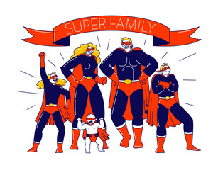 Super Family Concept. Characters Mother, Father, Son, Daughters and Little Baby Playing in Super Heroes. Mommy, Daddy and Children in Superhero Costumes Posing. Linear People Vector Illustration