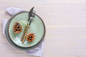 Beautiful table setting on wooden background