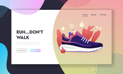 Sportswear and Smart Shoes for Training Landing Page Template. Tiny Sportsman Character Sitting with Laptop on Huge Sneaker. People and Sportive Footgear Technologies. Cartoon Vector Illustration