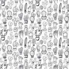 Seamless pattern with cactus. Monochrome ornament. Ink illustration. Hand drawn ornament for wrapping paper.

