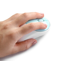 Female hand with modern computer mouse on white background