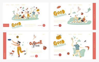 Fototapeta na wymiar Happy People Enjoy Summer Outdoor Activities Landing Page Template Set. Characters Play Twister, Badminton, Throw Flying Plate and Boomerang. Friends and Family on Picnic. Linear Vector Illustration