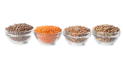 Bowls with lentils on white background