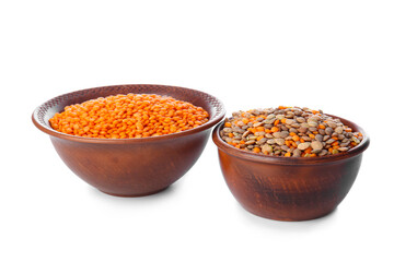 Fototapeta na wymiar Bowls with lentils on white background