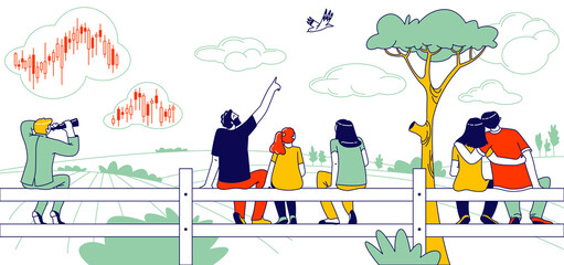 People Sitting on Fence Rear View. Happy Family Mother, Father and Daughter Looking on Bird, Loving Couple Embracing, Businessman Character Look in Binoculars on Stock Data. Linear Vector Illustration