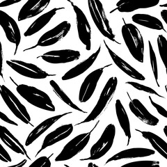 Black paint brush leaves vector seamless pattern. Black silhouettes banana or protea leaves. Hand drawn eucalyptus foliage