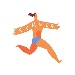 Summer man runs the beach with his arms wide open. Concept of summer vacation , rest, travel.