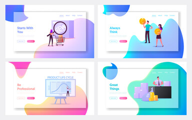 Product Life Cycle Landing Page Template Set. Tiny Characters at Huge Blackboard with Growing and Decline Graph Perform Statistics. Customer Buying New Trendy Goods. Cartoon People Vector Illustration