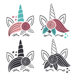 set of isolated colorful and monochrome unicorn faces.Cute unicorn faces.Unicorn heads. Vector illustration
