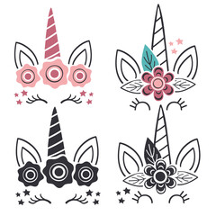 set of isolated colorful and monochrome unicorn faces.Cute unicorn faces.Unicorn heads. Vector illustration