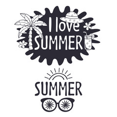 Black and white summer lettering compositions with doodle summer elements. Vector illustration