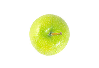Top view of single green apple with water drop isolated on white background.