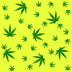 green marijuana leafs falling on yellow fund